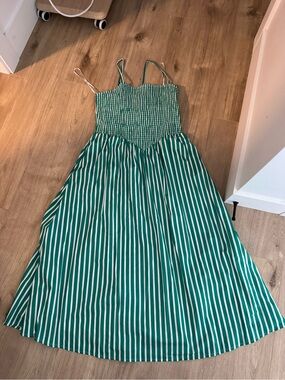 Green and White Striped Smocked Sundress